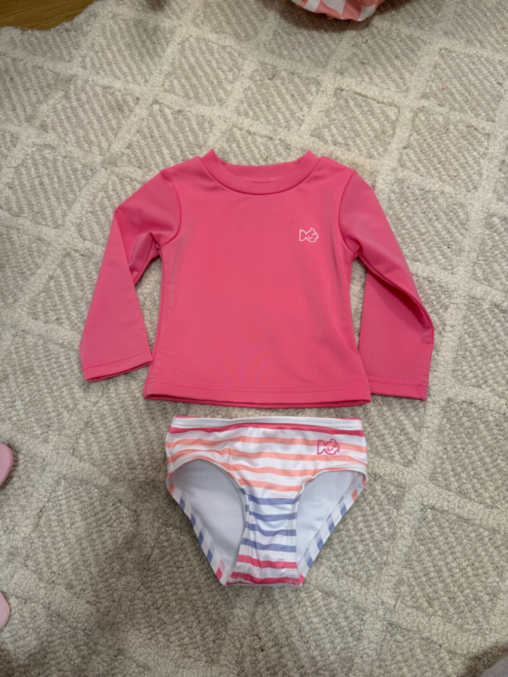 Prodoh Baby Girls Pink Long-Sleeve Rashguard with Striped Swim Bottoms